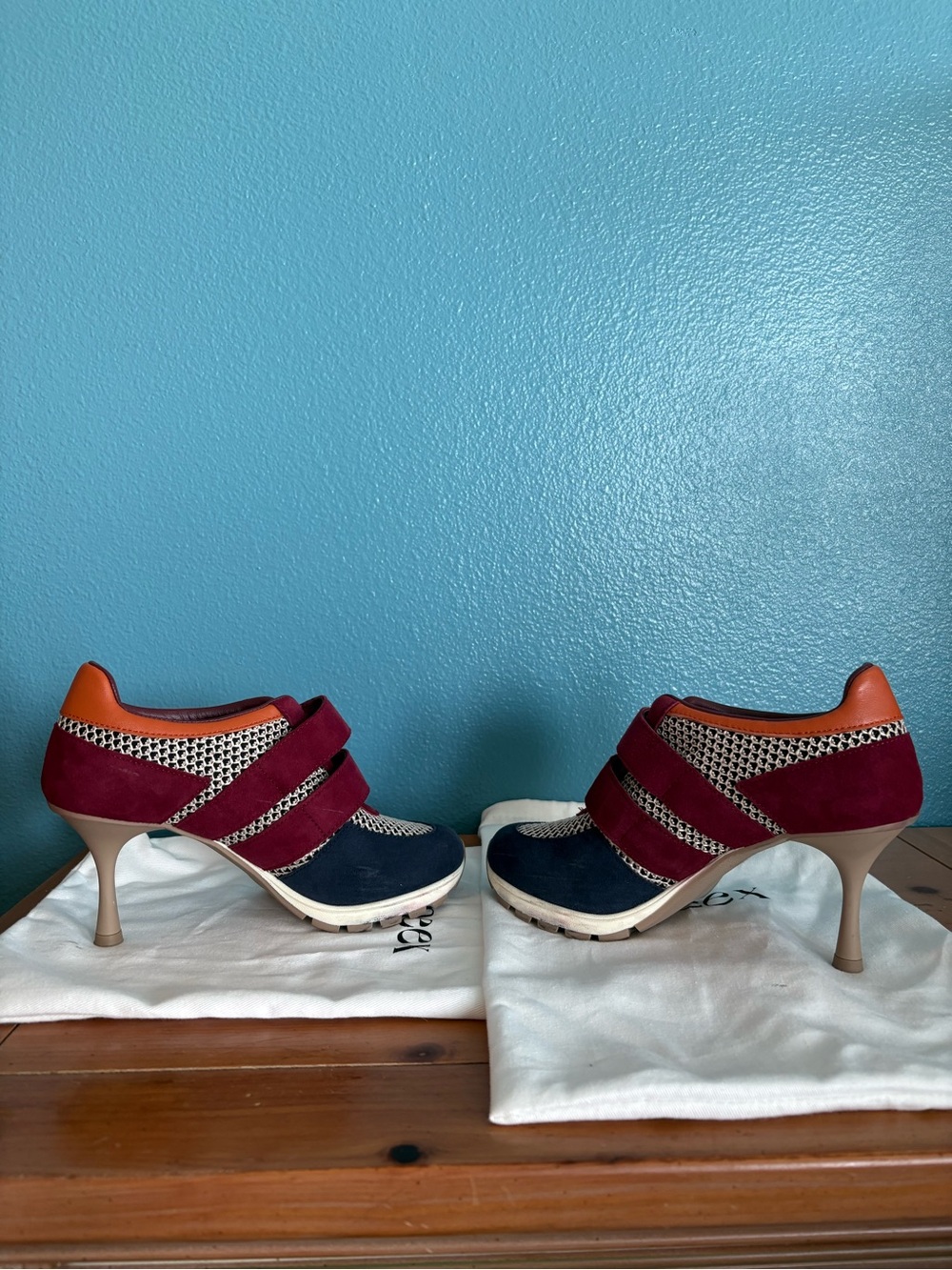 Two-Tone Suede & Knit Strap Heels in Burgundy and Navy Sneex